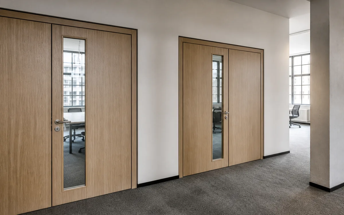 Acoustic timber doors installed along a modern Berlin office corridor