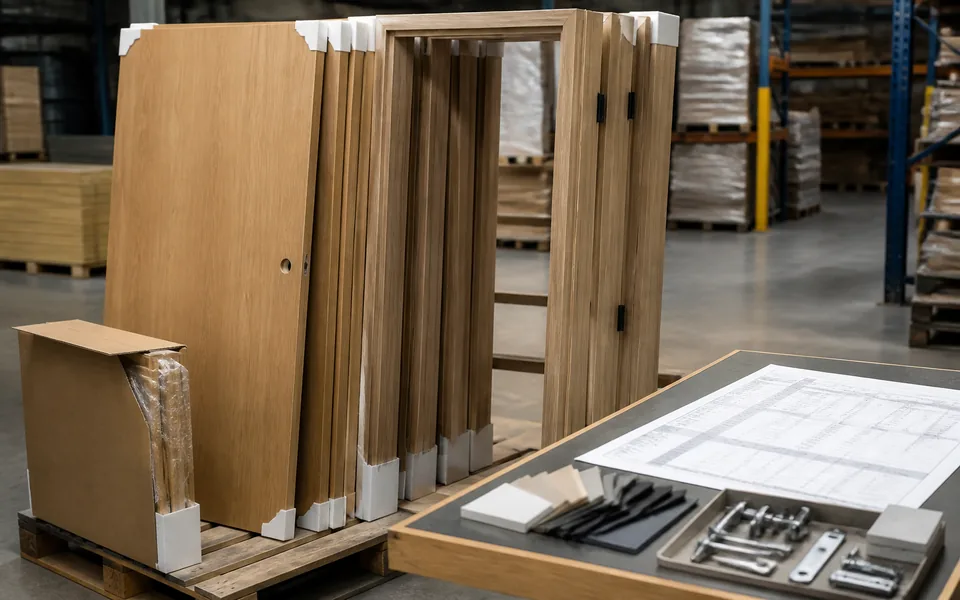 Office door sets grouped for room schedule and export packing coordination