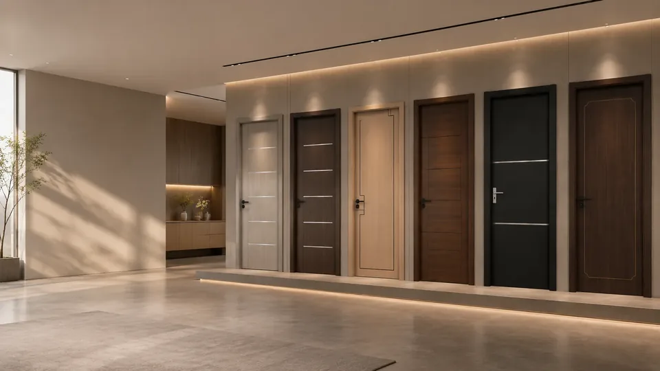 Visfurn showroom banner with modern wooden doors on display