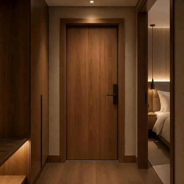 VISFURN wooden hotel guestroom door with coordinated frame and corridor setting