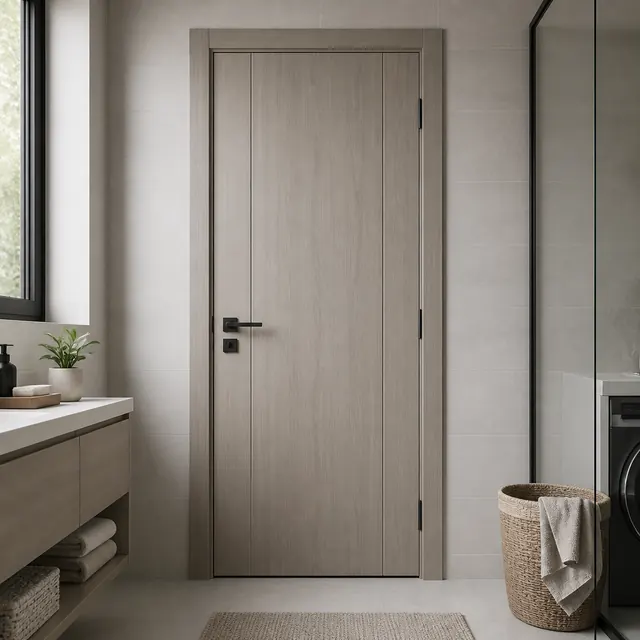 VISFURN WPC wood-plastic door in a modern humid-area interior