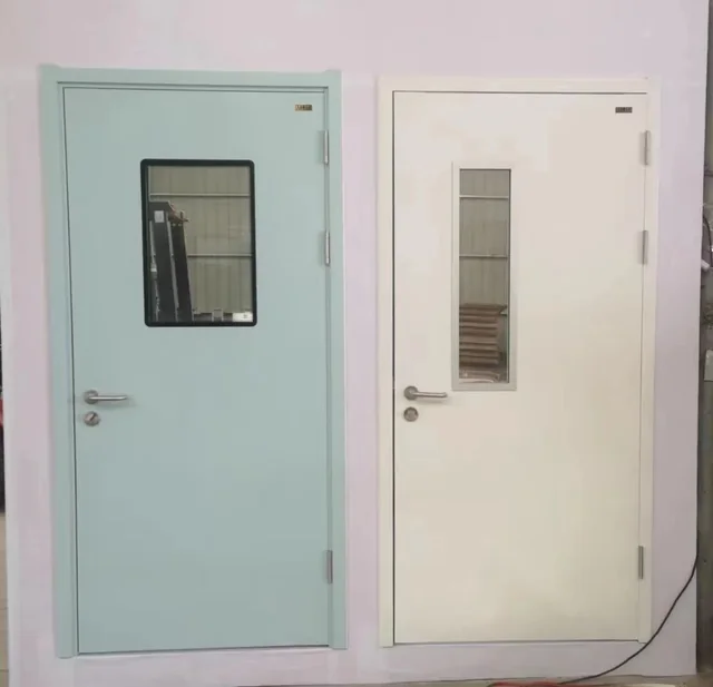 Steel security door set with glazed vision panels and white finish
