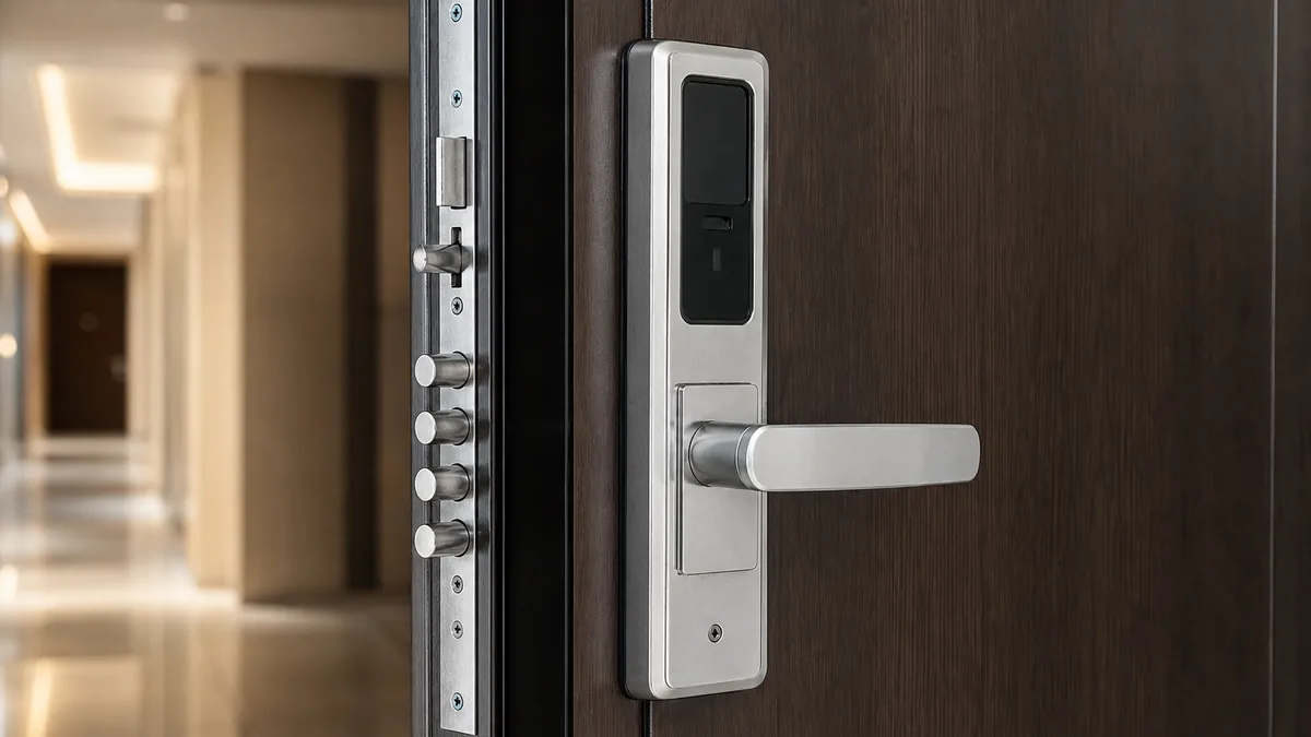 Apartment entry door lock and anti pry edge detail