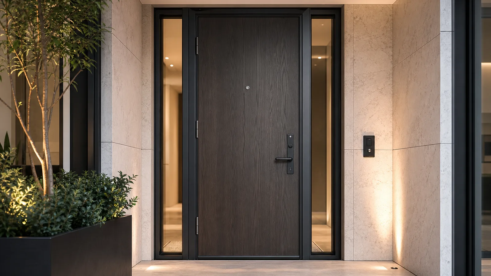 Exterior apartment entry door with weather resistant frame and secure lock