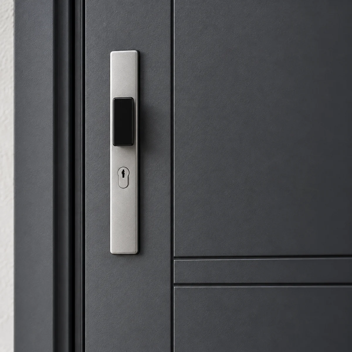 Silver escutcheon and black upper component on charcoal door design visualization