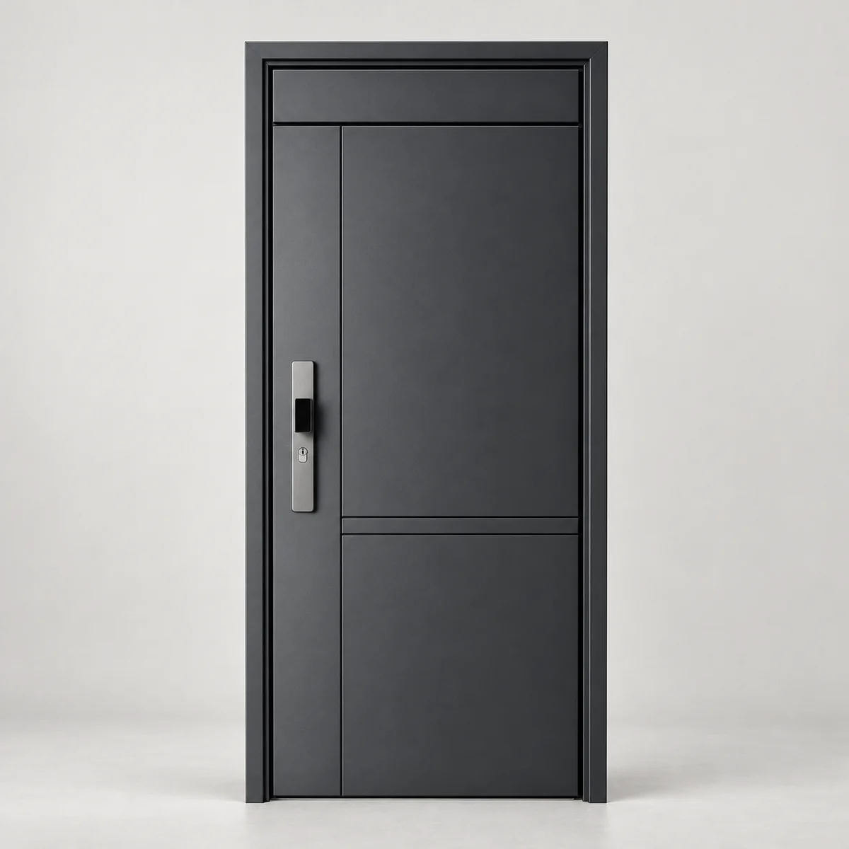 Charcoal entrance door design visualization with offset vertical panel and silver escutcheon