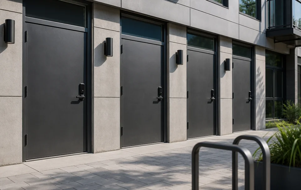 Four smart steel entrance doors installed in an apartment facade