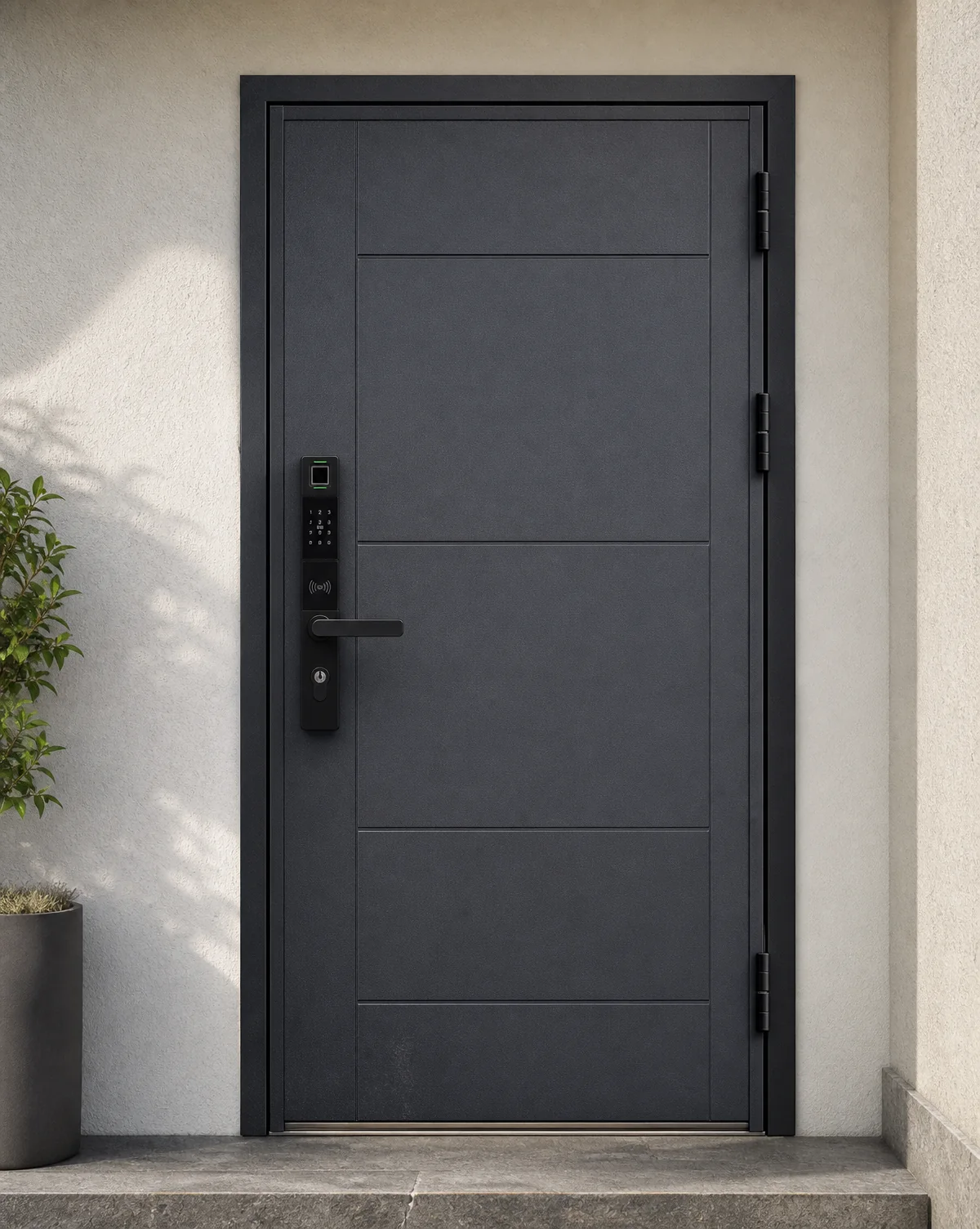 Charcoal grey smart steel entrance door with fingerprint and keypad preparation