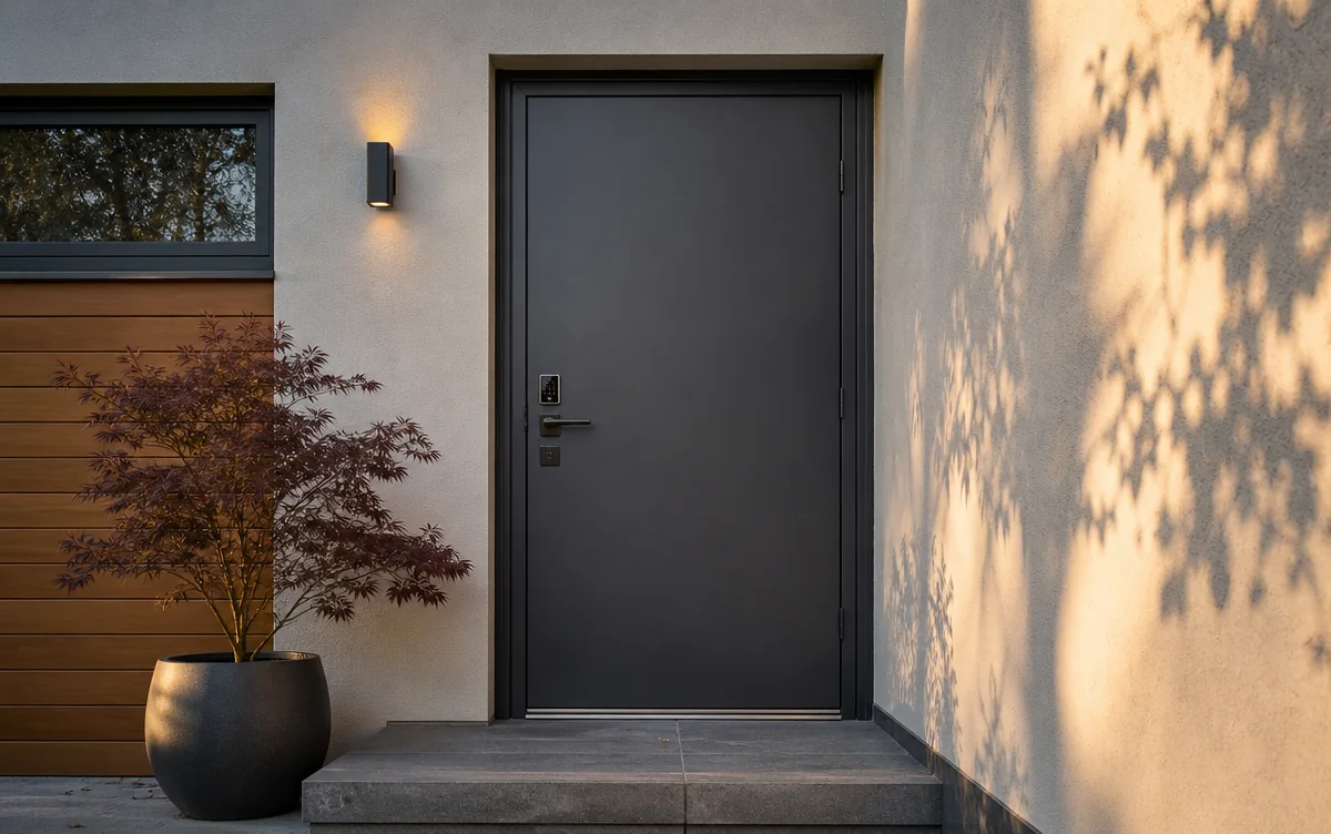 Smart steel entrance door installed at a modern house at dusk
