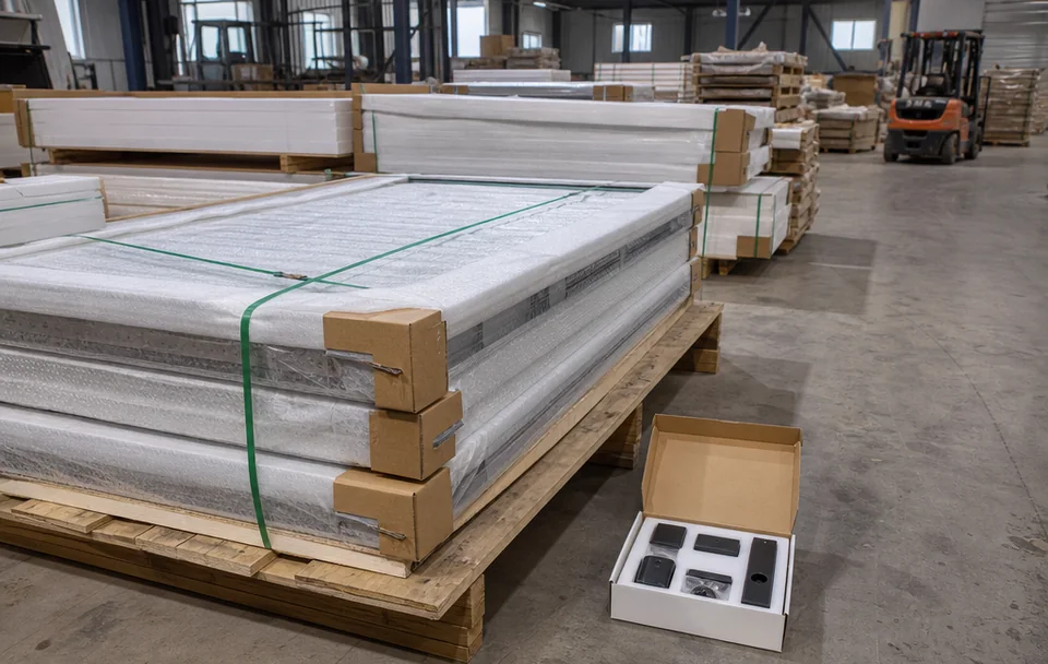 Export packaging for smart steel entrance doors with protected pallets