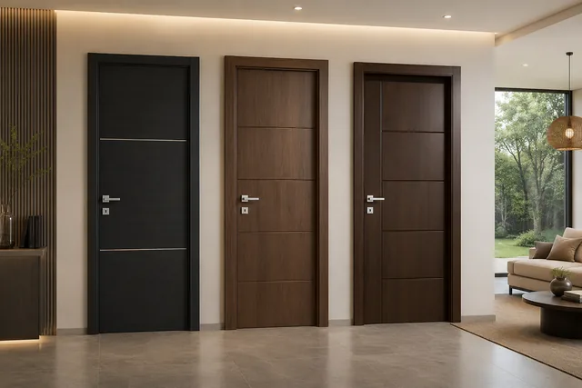 Modern European apartment door options in a warm residential interior