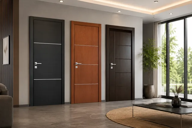 Black and wood modern European apartment doors in a bright interior