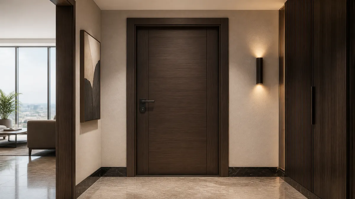 Modern European apartment door in a bright residential entry setting