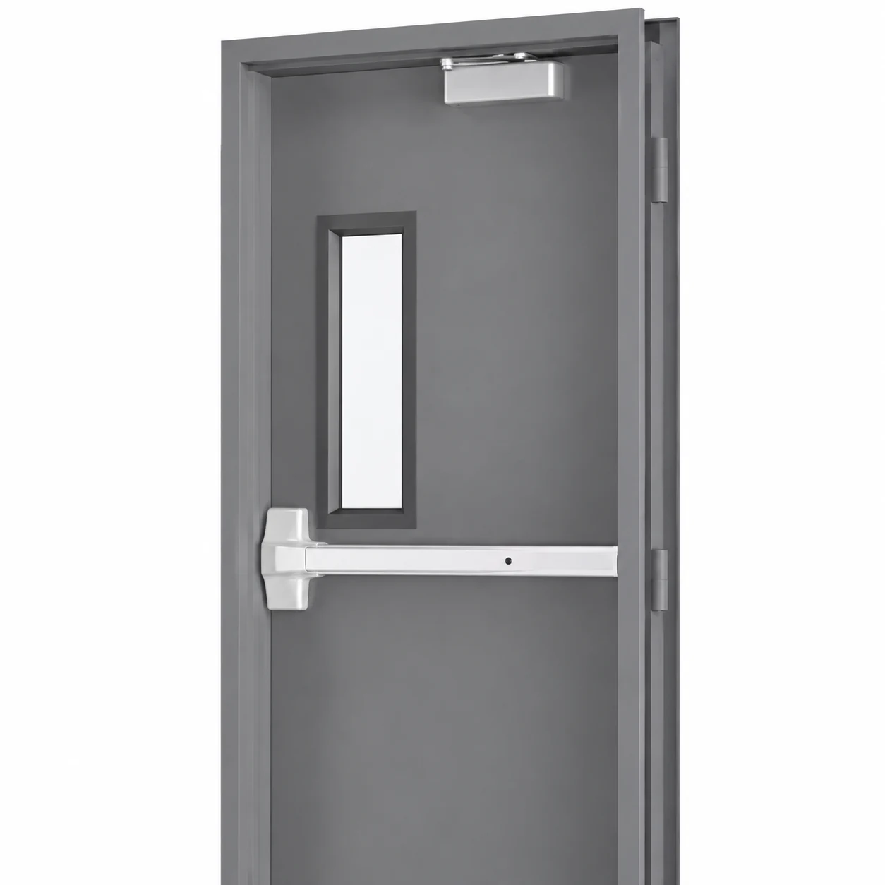 Grey door catalogue detail showing the narrow vision panel, horizontal push bar and overhead closer
