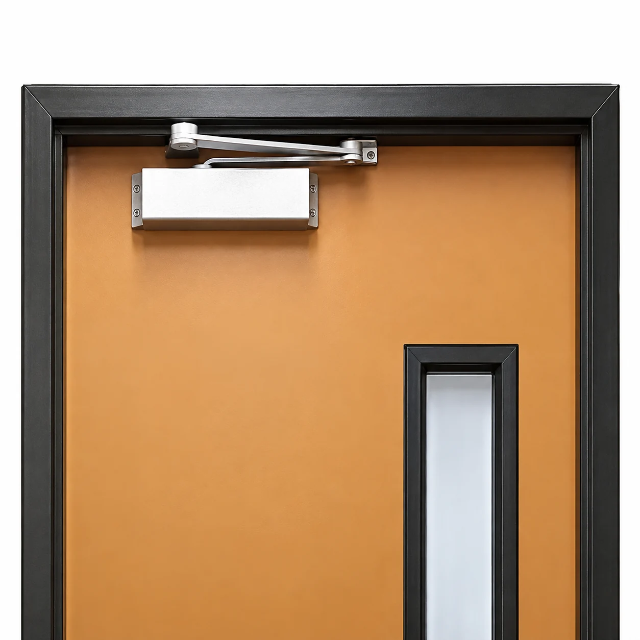 Bronze door catalogue detail showing the overhead closer and black top frame