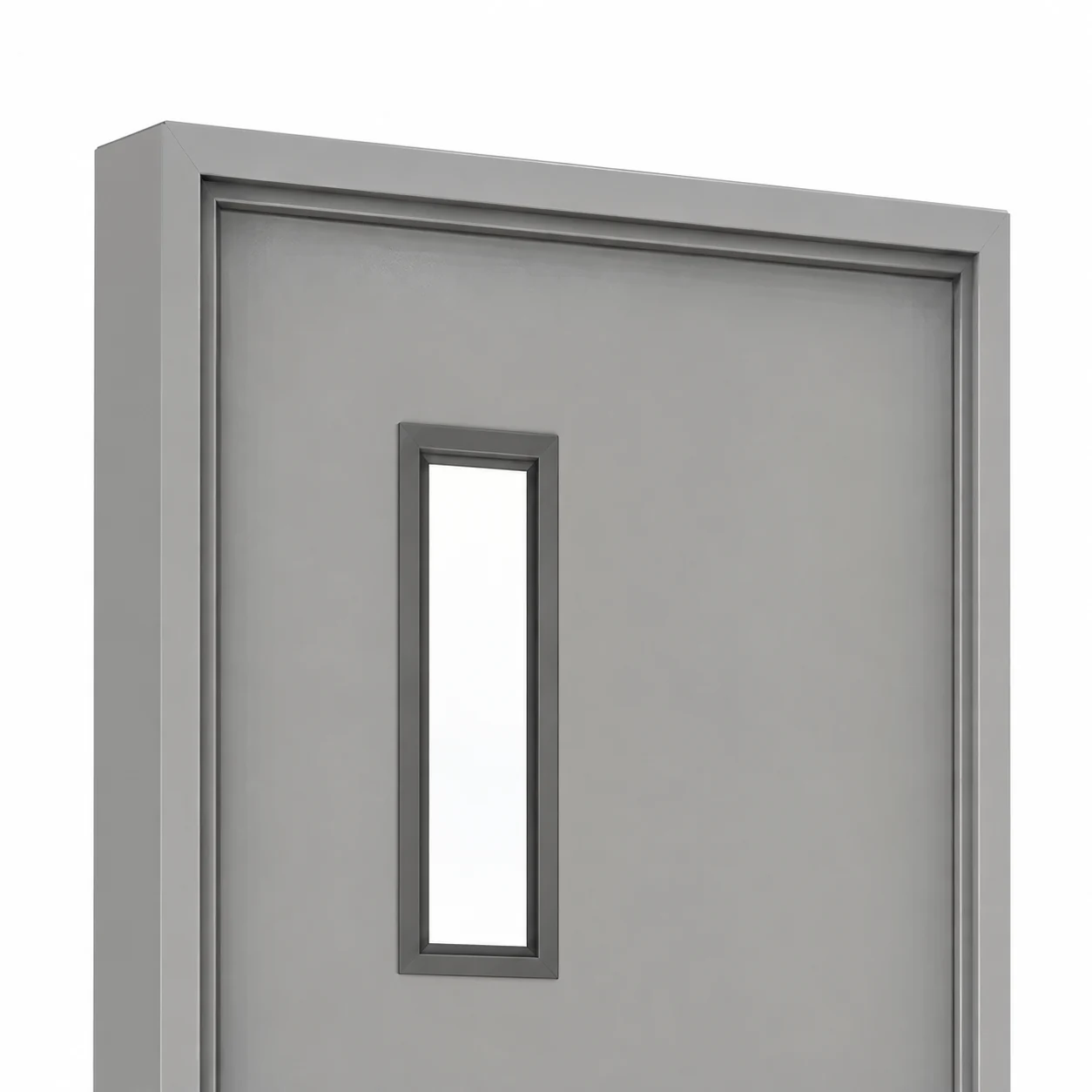 Light-grey door catalogue detail showing the narrow vision panel and top frame at a slight angle