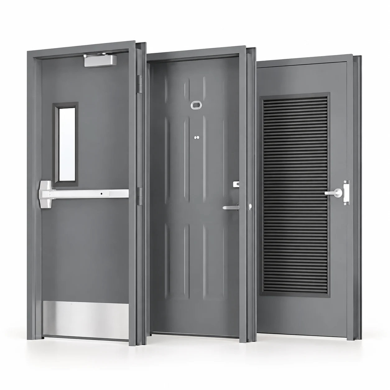 Three grey steel door options in a staggered catalogue arrangement: vision-panel push-bar, embossed lever-handle and louvred lever-handle designs