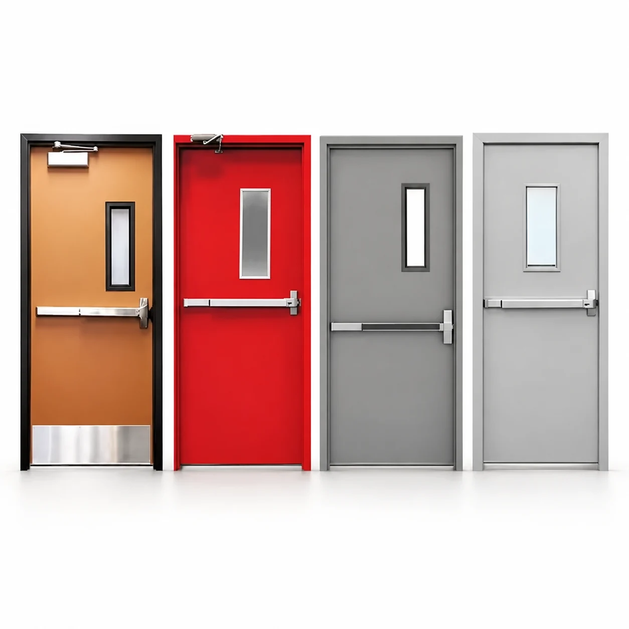 Four vision-panel push-bar door options in bronze, red, medium grey and light grey, shown side by side