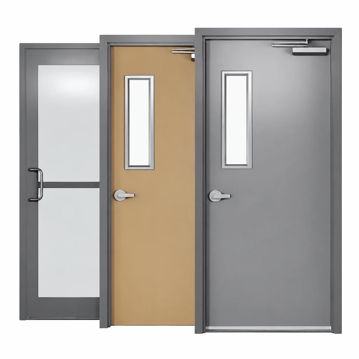 Three staggered door options: glazed pull-handle design, bronze vision-panel design and grey vision-panel design