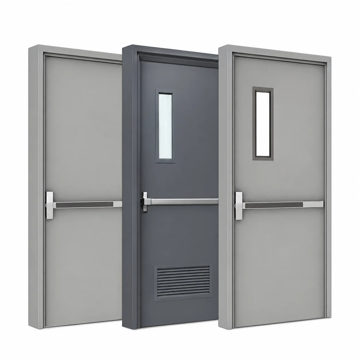 Three grey push-bar door options in a slight angled catalogue view: solid panel, vision panel with lower louvre, and vision panel
