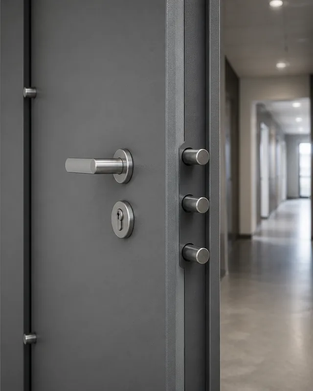 Armored steel door open showing thick leaf edge and locking bolts