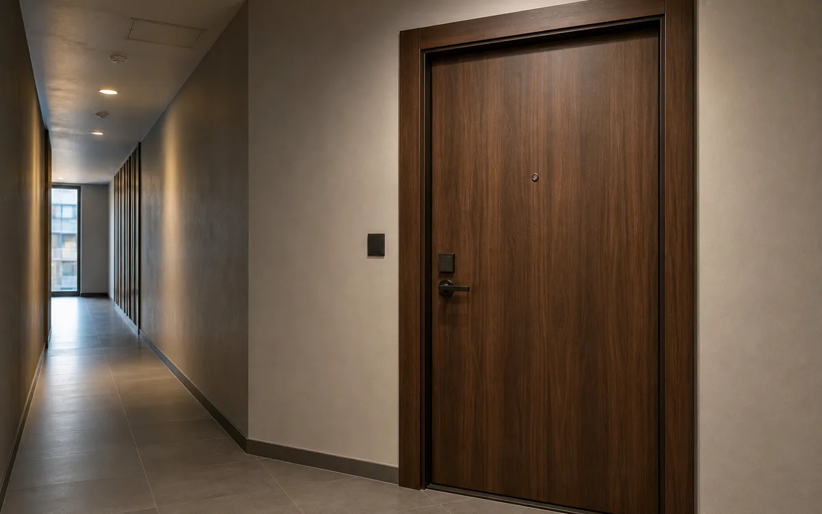 Fire-rated steel security entrance door installed in an apartment corridor