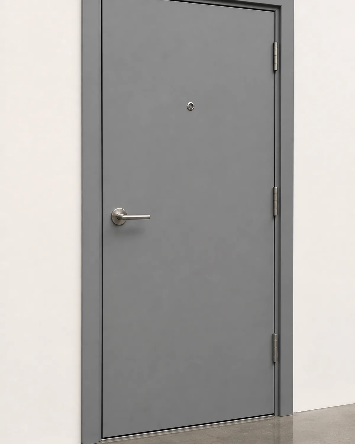 Fire-rated steel security door with armored construction and matching steel frame