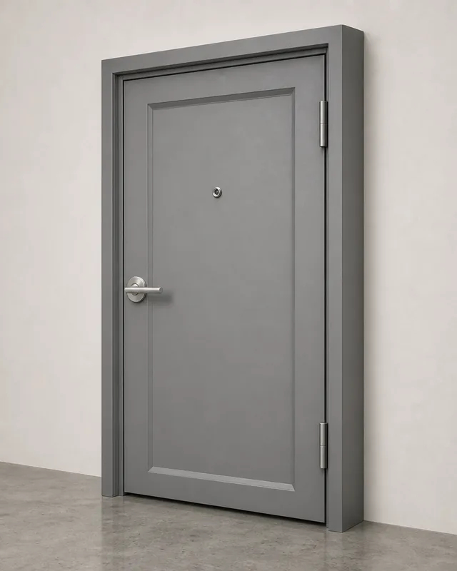 Fire-rated steel security entrance door with matching steel frame