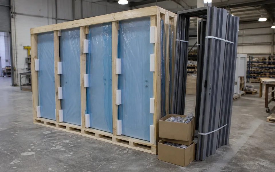 Steel security doors packed upright in export wooden crate with frame bundle and hardware cartons