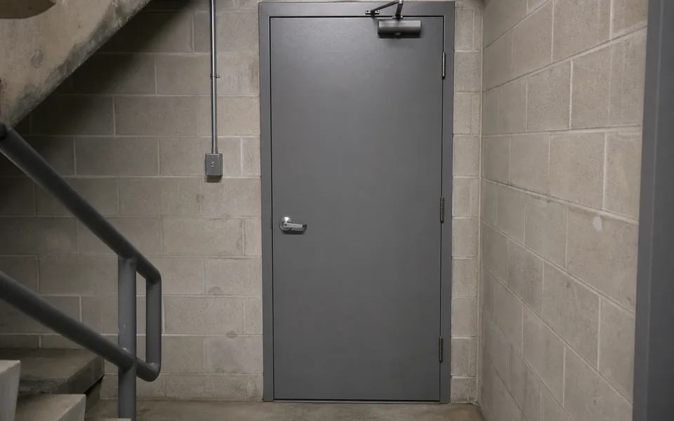Steel fire security door installed in a commercial stairwell with closer