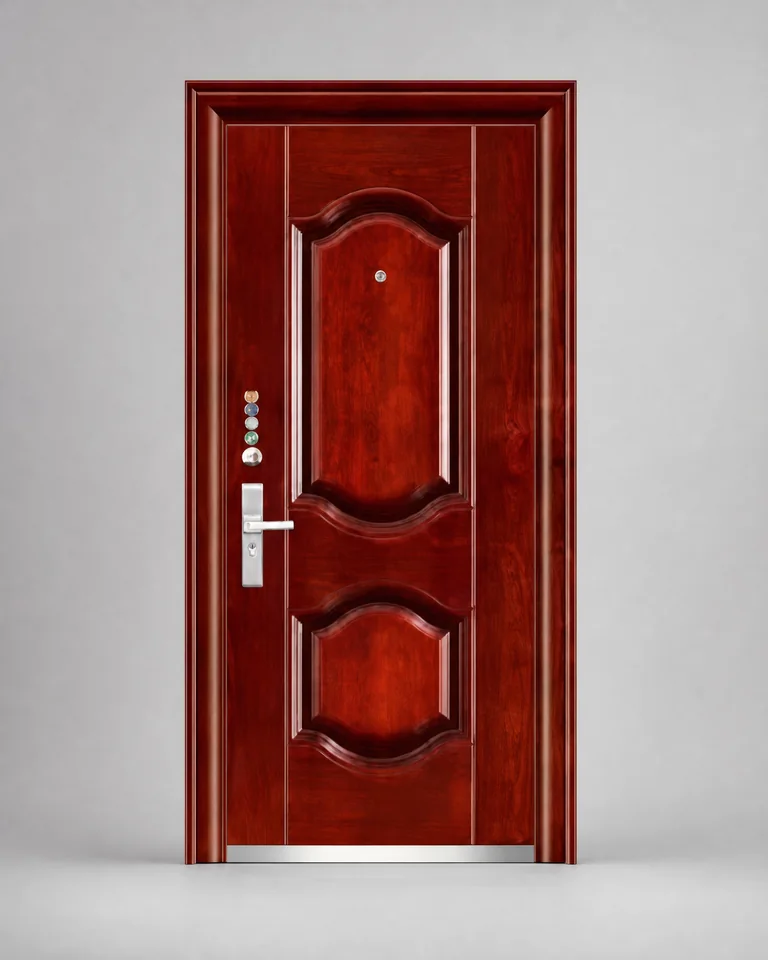 Illustrative front view of the left reference door model with two curved raised panels; product identity pending verification.