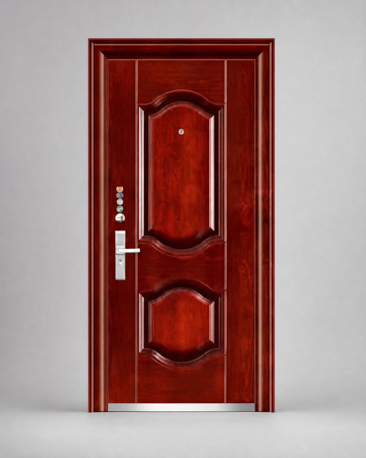 Front elevation of the left reference door model with two curved raised panels, matching frame and left-side silver hardware.
