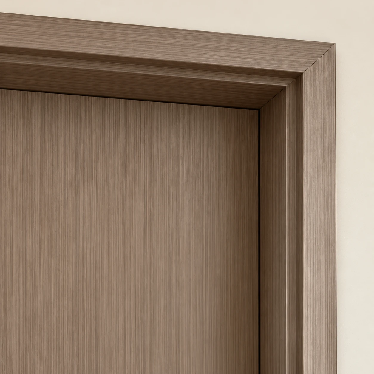 Matching stepped frame and upper trim corner of the warm brown WPC door, design illustration
