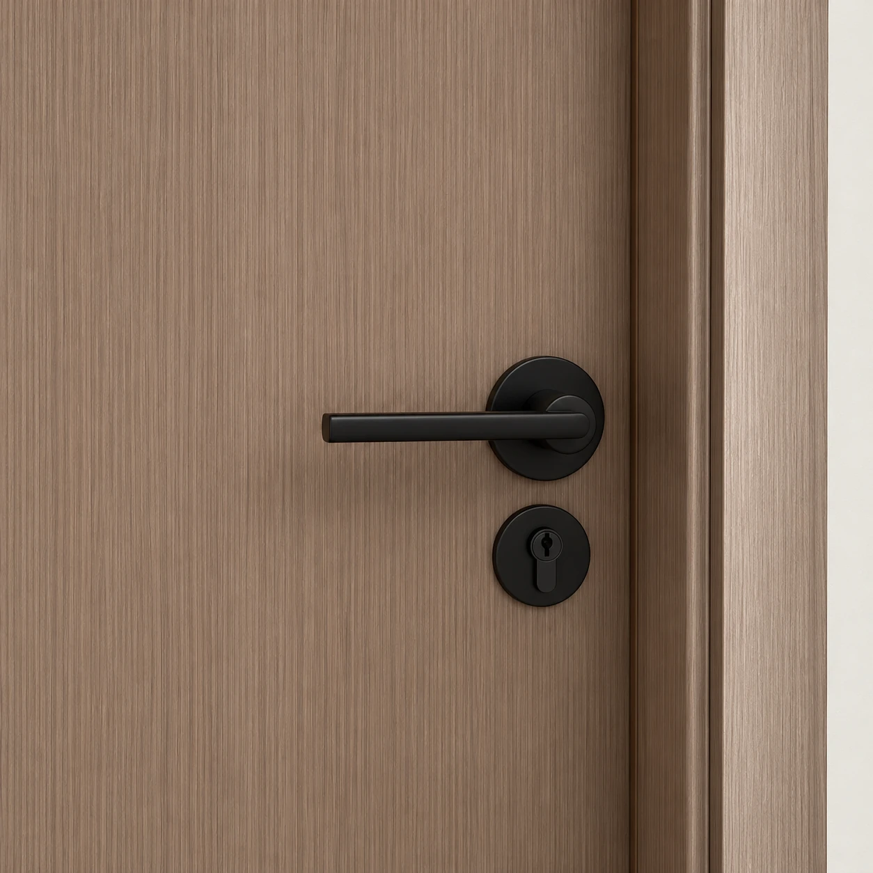 Black horizontal lever and separate round lock on a warm brown woodgrain door, design illustration
