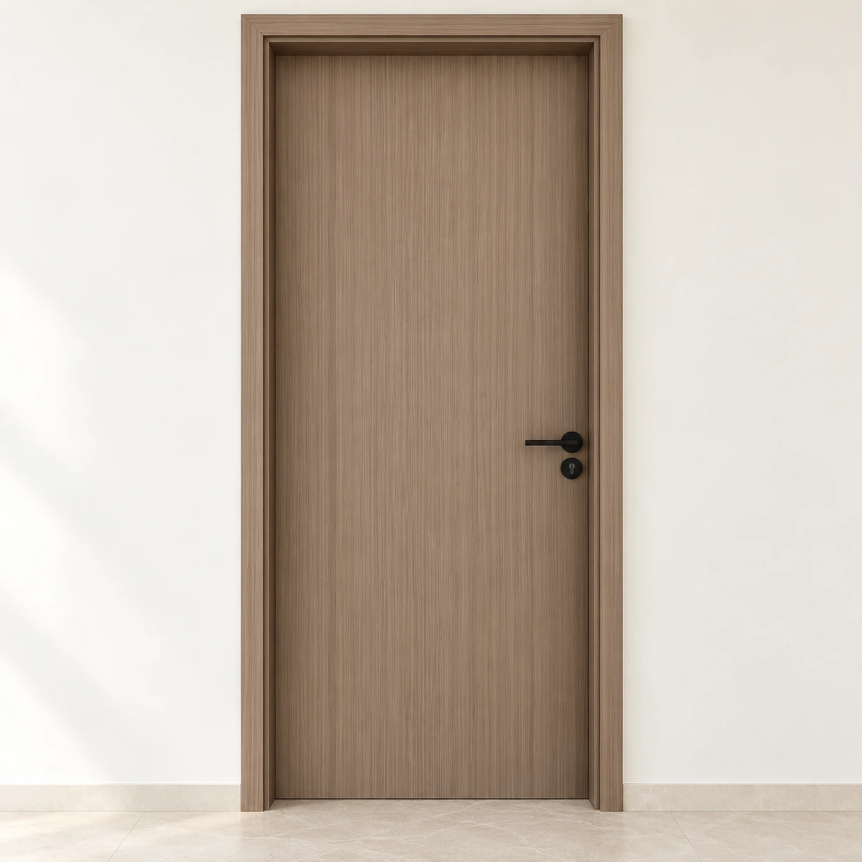 Warm brown plain flush WPC bedroom door and matching frame, design illustration