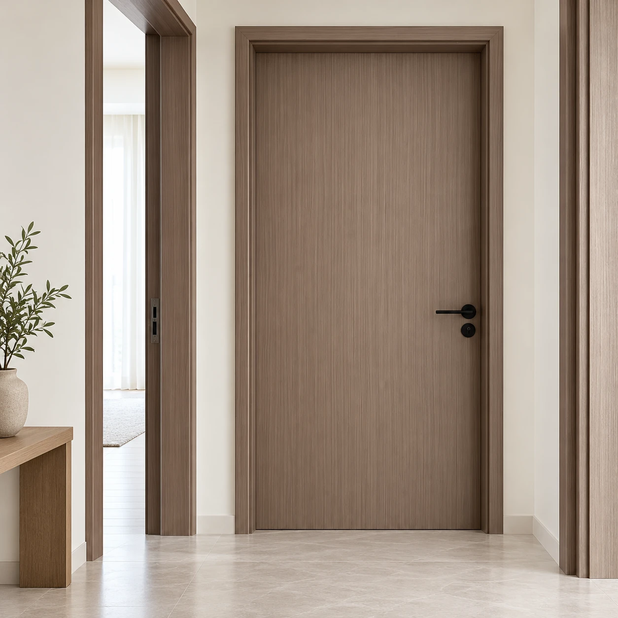 Warm brown woodgrain bedroom door in an apartment interior planning concept