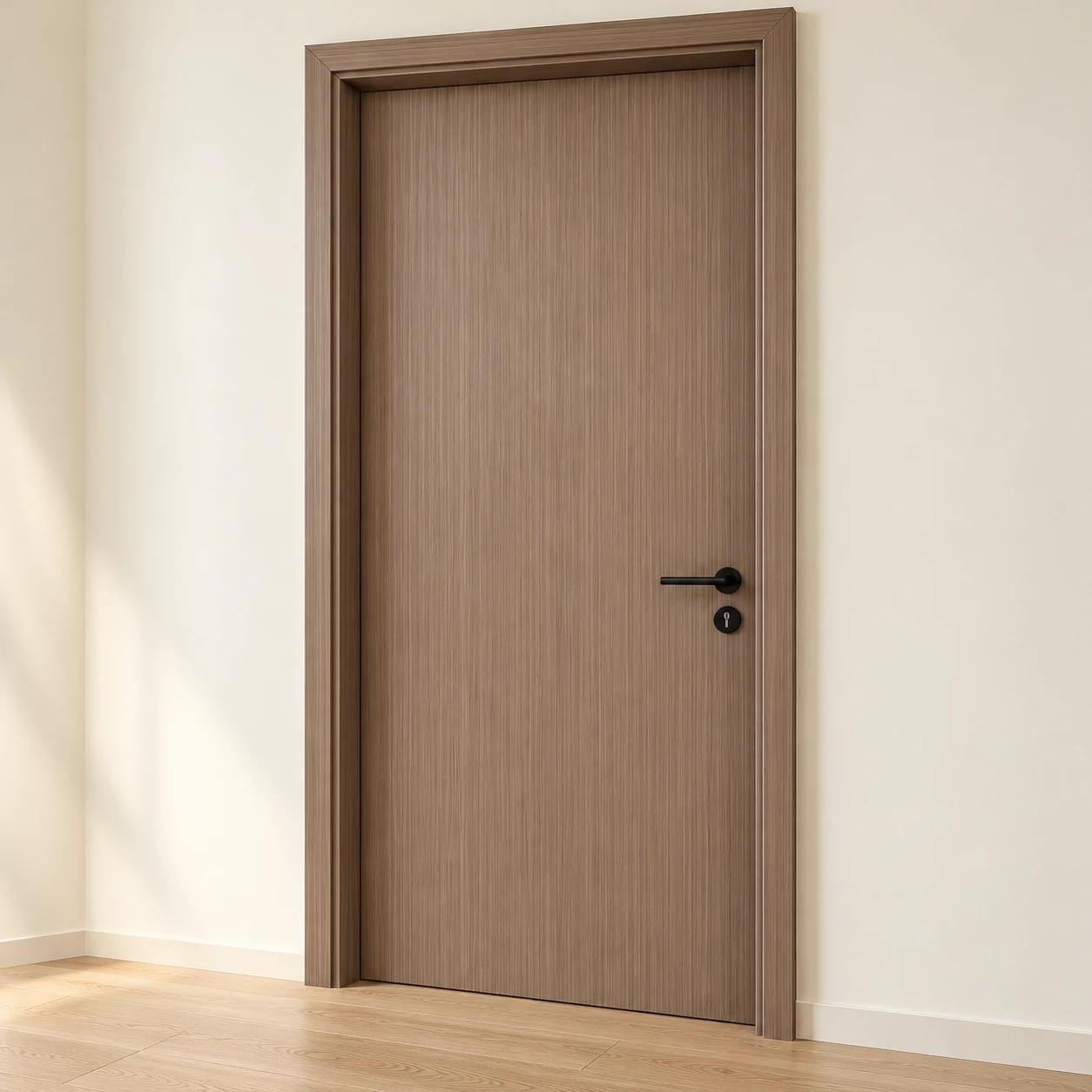 Angled view of the warm brown flush door and stepped matching trim, design illustration