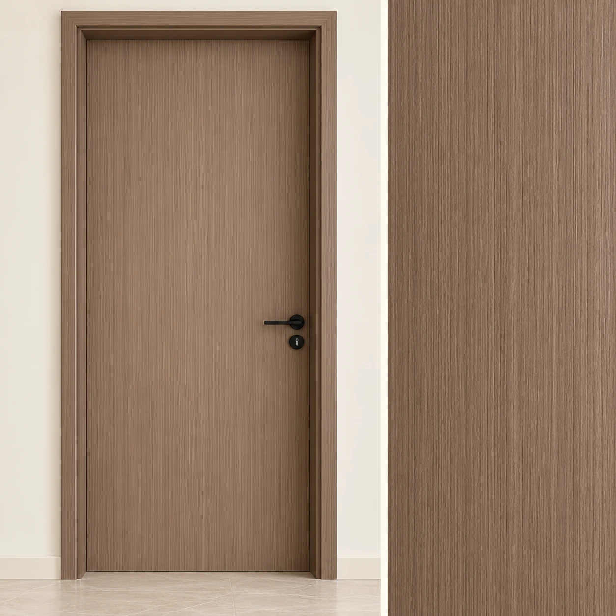 Warm brown flush door with a corresponding woodgrain finish illustration