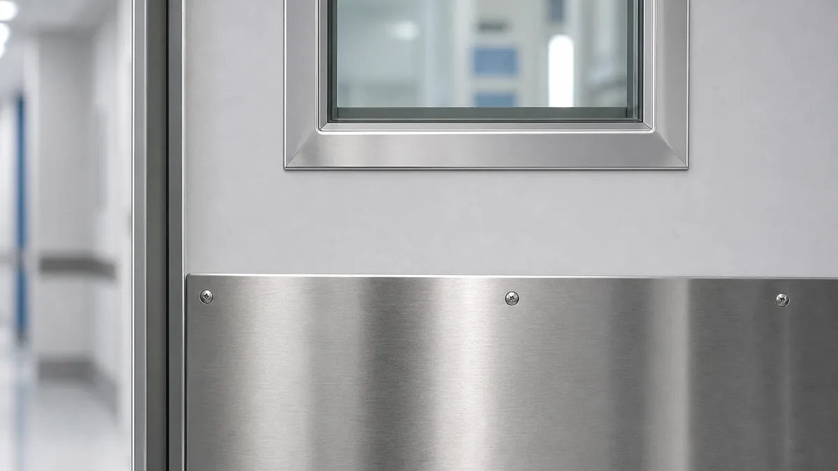 Hospital door impact plate vision panel and sealed edge detail