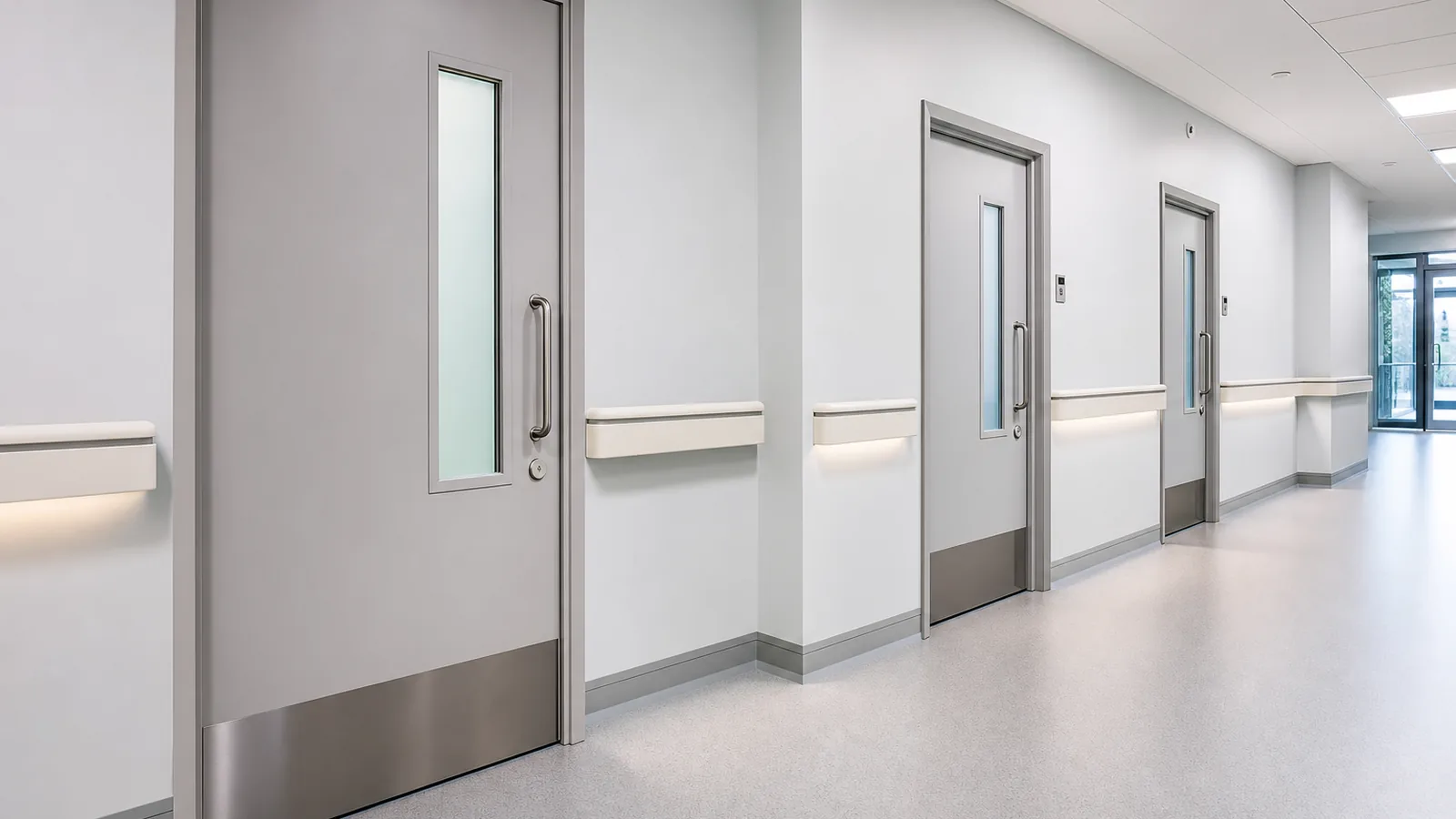 Hospital corridor door specification zones with hygienic doors