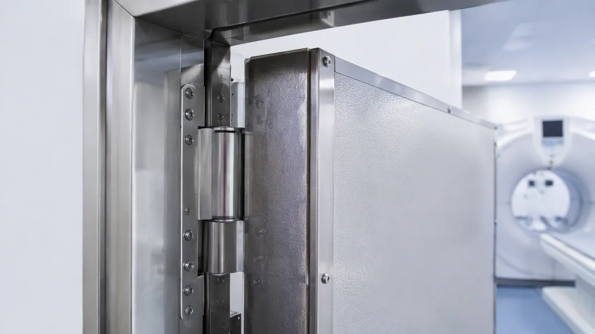 Lead lined hospital imaging room door frame detail