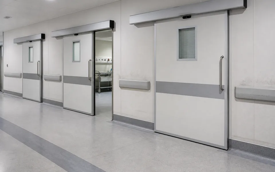 Automatic hermetic sliding hospital doors along a clean healthcare corridor