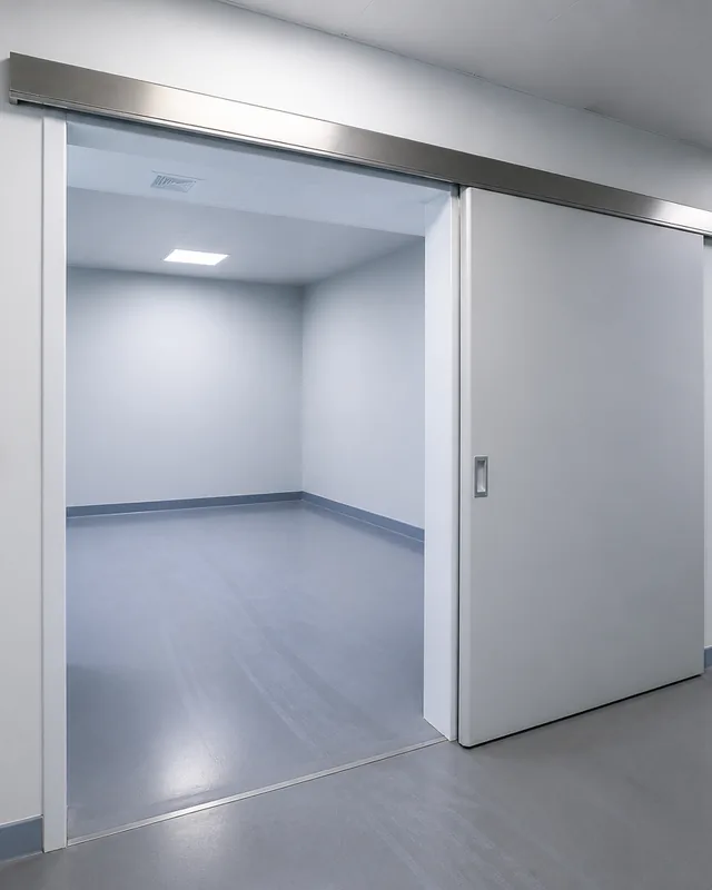Hermetic sliding door partially open showing sealed sliding track