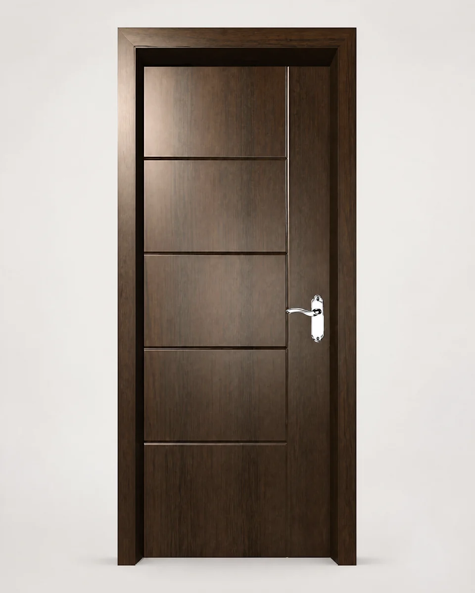 Reference-based front visual of a dark brown hotel interior door with horizontal inlays