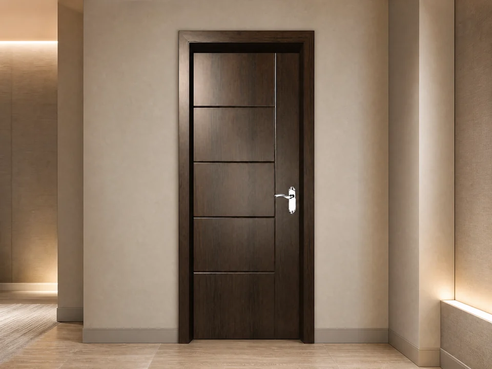 Illustrative hotel interior with a dark brown single-leaf door