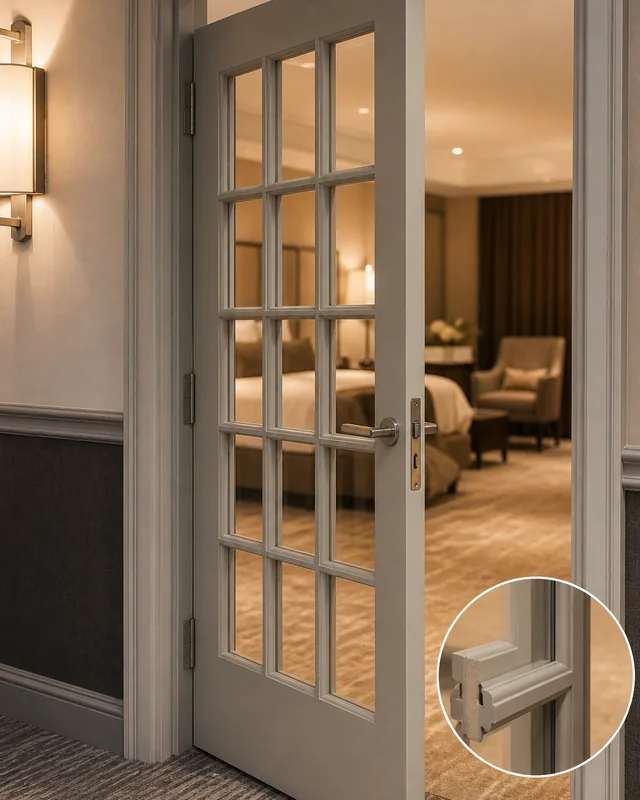 French glazed door ajar showing leaf edge and frame depth