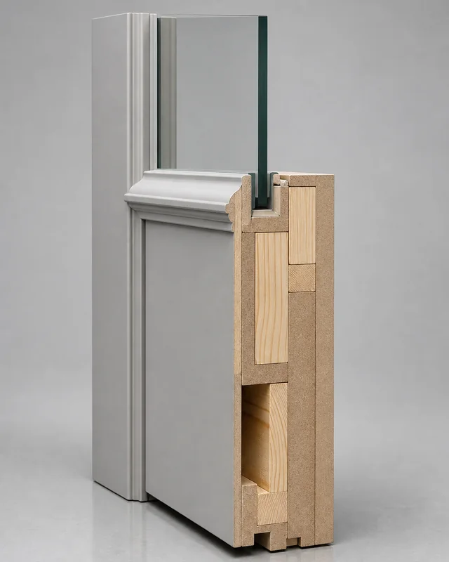 Cross-section showing the solid wood frame and tempered glass interface