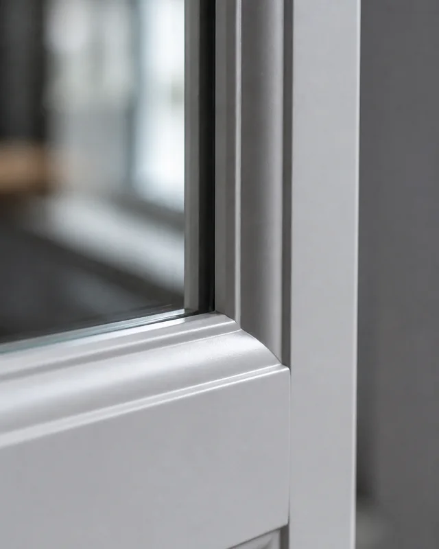 Close detail of tempered glass seated in the divided wood frame