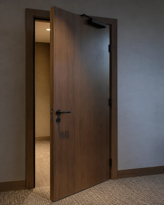 Hotel guestroom door angle view showing frame and leaf depth