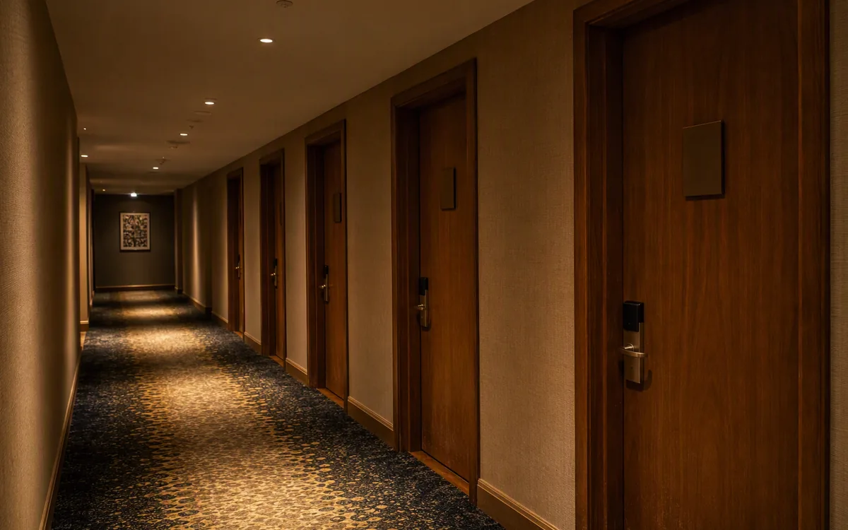 Hotel guestroom door sets installed along a hospitality corridor